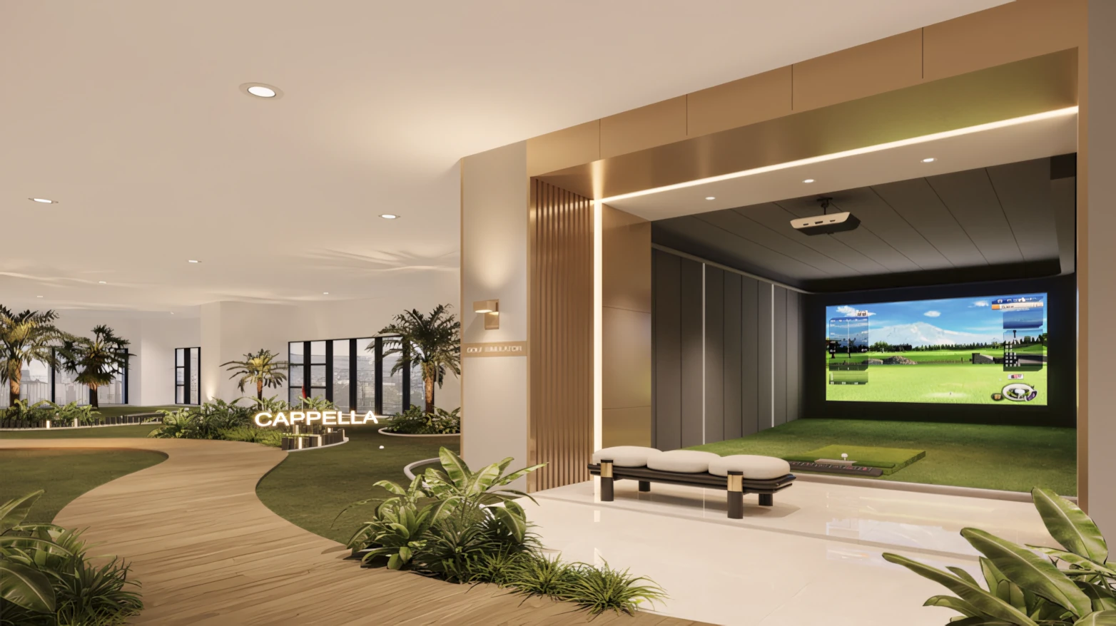 Cappella Embassy golf simulator room and indoor recreation facilities