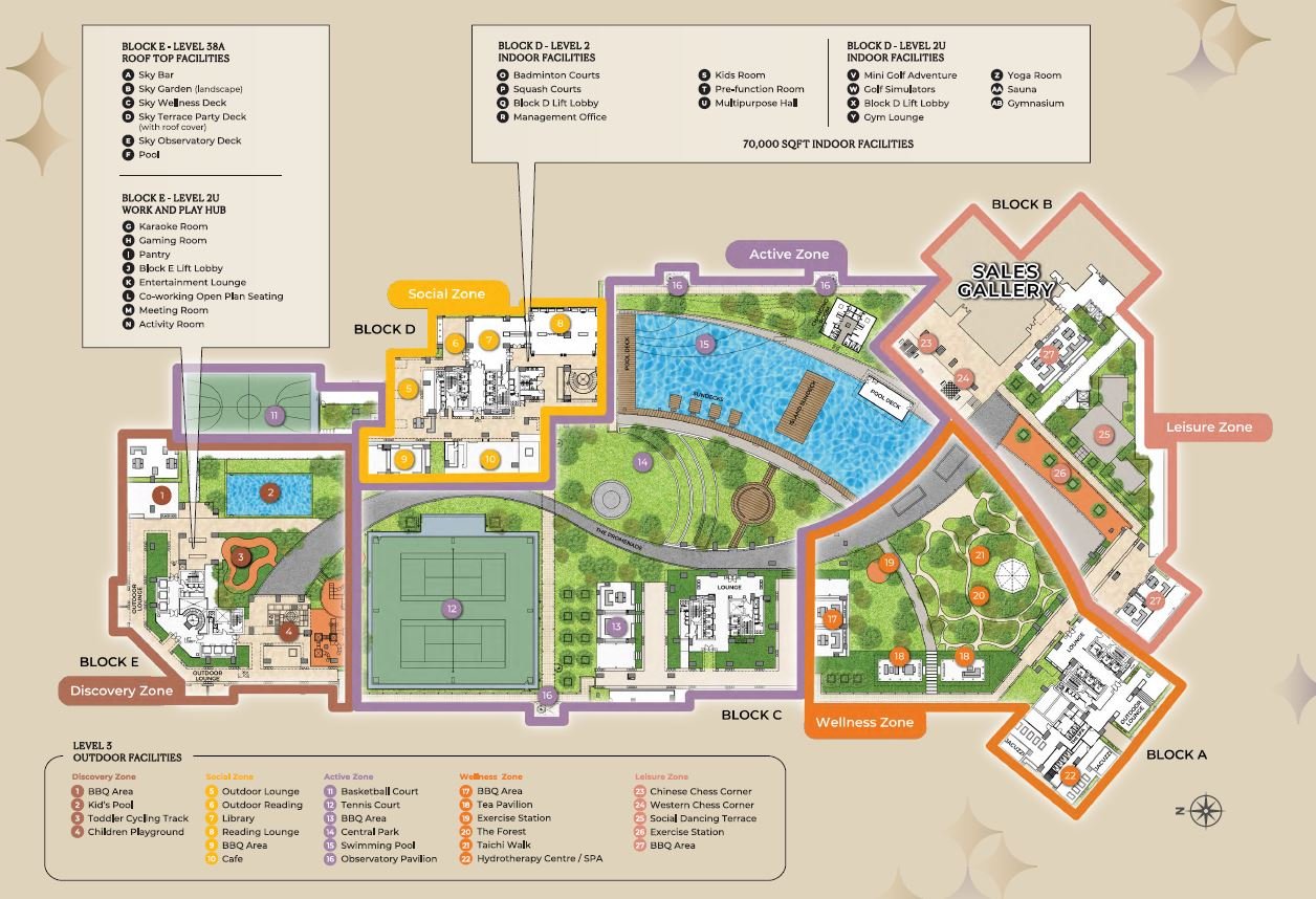 Cappella Embassy facilities level plan showing outdoor, indoor and rooftop facilities