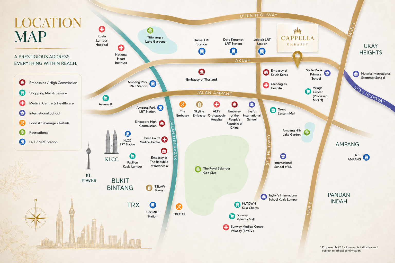 Cappella Embassy location map showing Jalan Ampang, Embassy Row, KLCC, medical centres, schools and transport connections